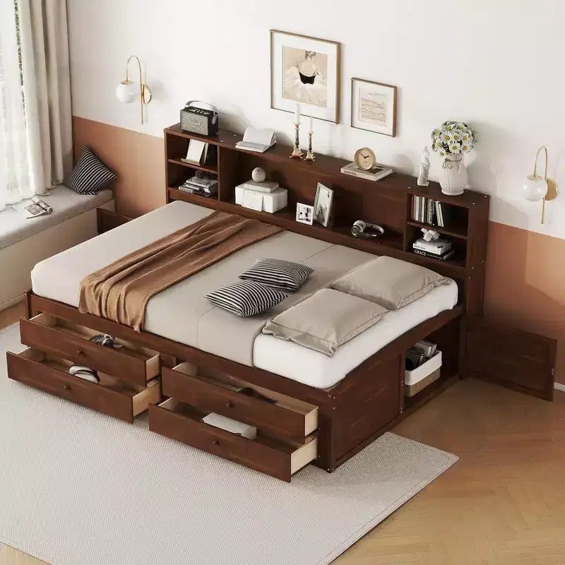 Full Size Wooden Captain Bed/Daybed with Built-in Storage Shelves, 4 Drawers and 2 Cabinets, Antique Brown - ModernLuxe