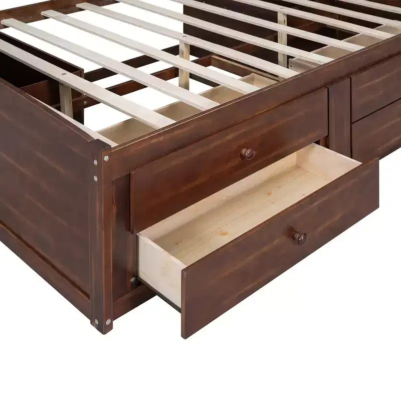 Lit capitaine/lit de repos pleine grandeur en bois avec étagères de rangement intégrées, 4 tiroirs et 2 armoires, marron antique -