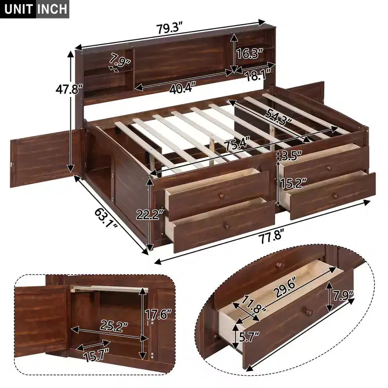 Lit capitaine/lit de repos pleine grandeur en bois avec étagères de rangement intégrées, 4 tiroirs et 2 armoires, marron antique -