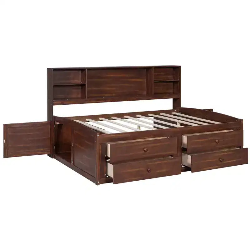 Lit capitaine/lit de repos pleine grandeur en bois avec étagères de rangement intégrées, 4 tiroirs et 2 armoires, marron antique -