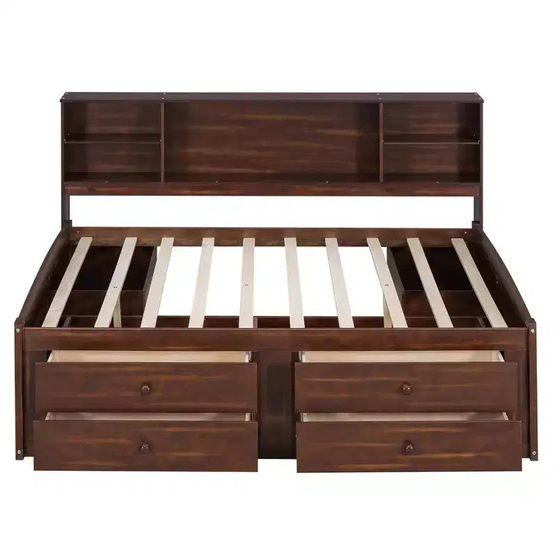 Lit capitaine/lit de repos pleine grandeur en bois avec étagères de rangement intégrées, 4 tiroirs et 2 armoires, marron antique -