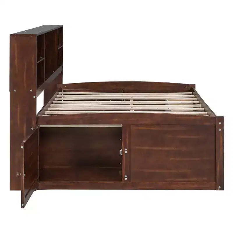 Lit capitaine/lit de repos pleine grandeur en bois avec étagères de rangement intégrées, 4 tiroirs et 2 armoires, marron antique -