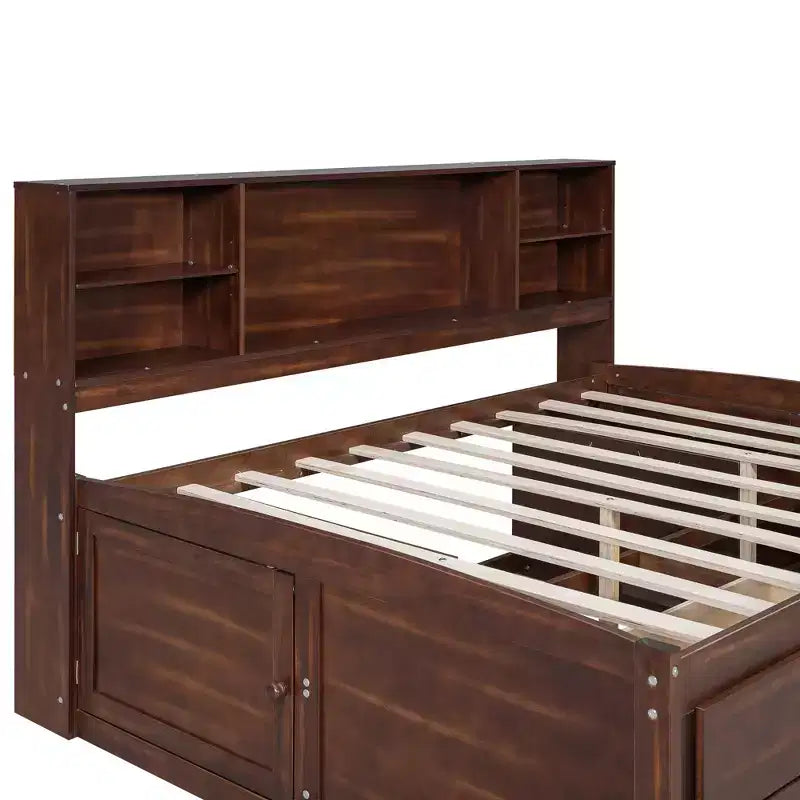 Lit capitaine/lit de repos pleine grandeur en bois avec étagères de rangement intégrées, 4 tiroirs et 2 armoires, marron antique -