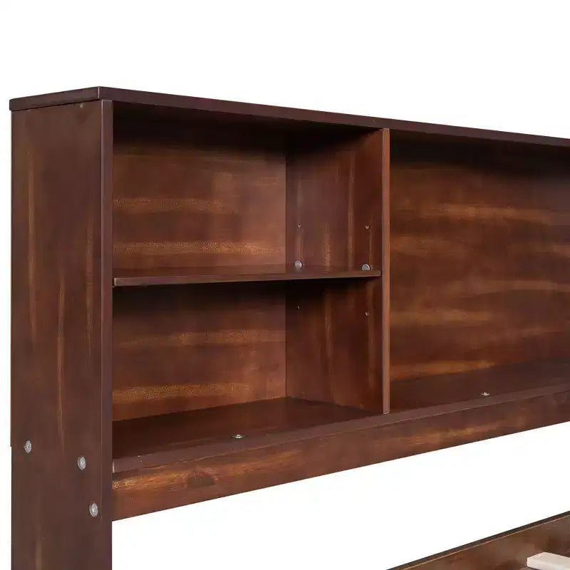 Lit capitaine/lit de repos pleine grandeur en bois avec étagères de rangement intégrées, 4 tiroirs et 2 armoires, marron antique -