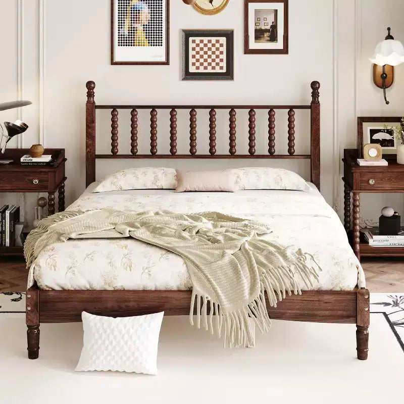 Lit plateforme queen size en bois avec tête de lit en forme de calebasse, lit de style rétro avec support à lattes en bois -