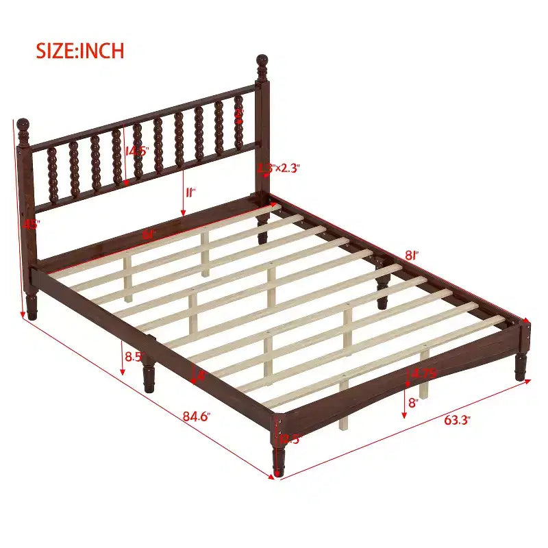 Lit plateforme queen size en bois avec tête de lit en forme de calebasse, lit de style rétro avec support à lattes en bois -