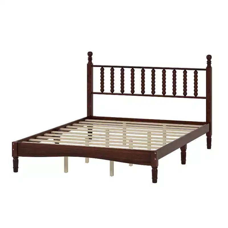 Lit plateforme queen size en bois avec tête de lit en forme de calebasse, lit de style rétro avec support à lattes en bois -