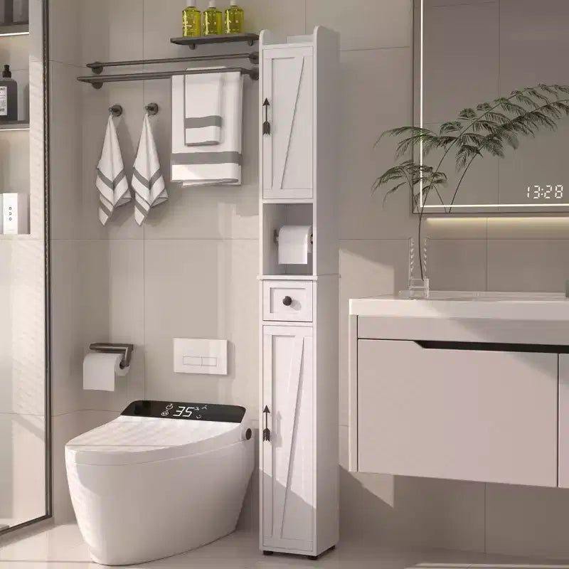 VECELO Tall Bathroom Cabinet Slim Narrow Storage Cabinet Linen Tower with 2 Doors and 1 Drawer Floor Cabinet with Adjustable Shelves, White