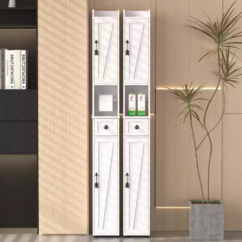 Armoire de salle de bain haute, armoire de rangement étroite et mince, tour de lin avec 2 portes et 1 tiroir, armoire au sol avec étagères réglables, blanc