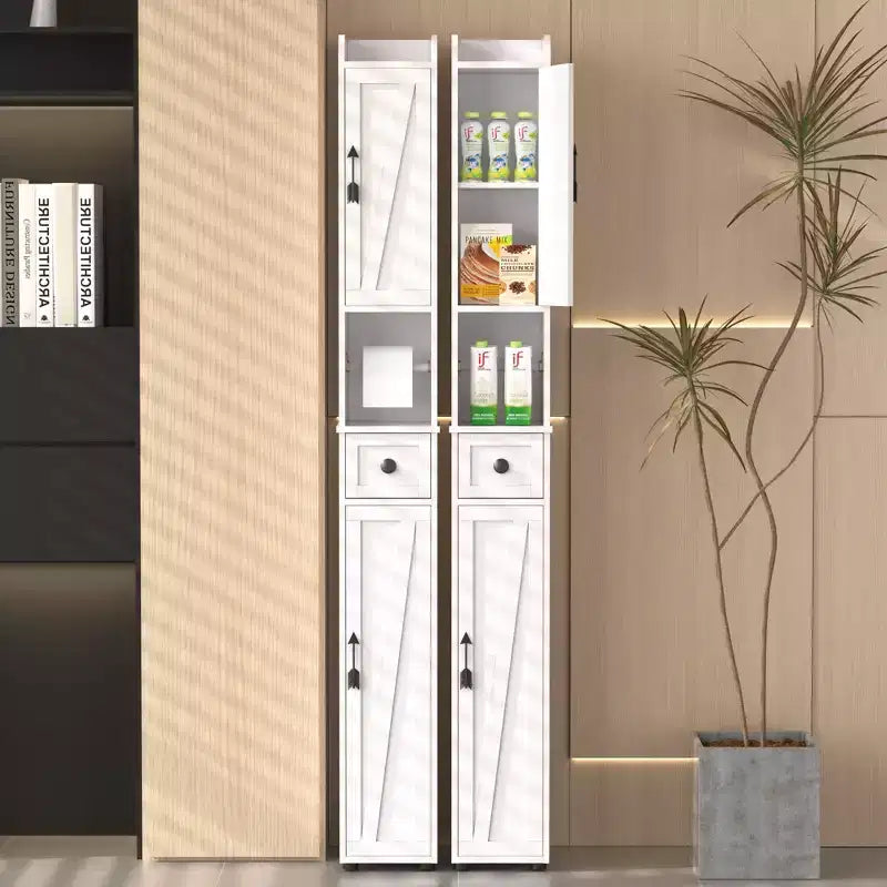 Armoire de salle de bain haute, armoire de rangement étroite et mince, tour de lin avec 2 portes et 1 tiroir, armoire au sol avec étagères réglables, blanc