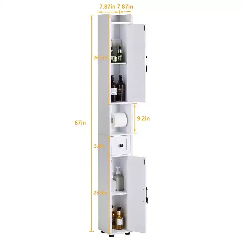 Armoire de salle de bain haute, armoire de rangement étroite et mince, tour de lin avec 2 portes et 1 tiroir, armoire au sol avec étagères réglables, blanc