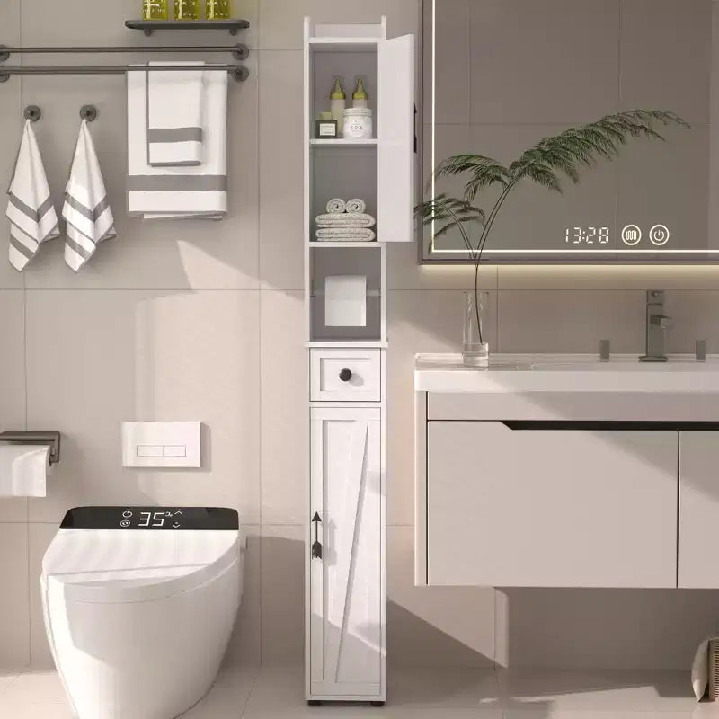 Armoire de salle de bain haute, armoire de rangement étroite et mince, tour de lin avec 2 portes et 1 tiroir, armoire au sol avec étagères réglables, blanc