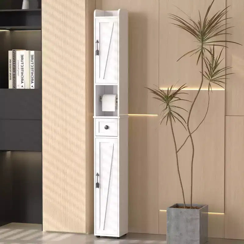 Armoire de salle de bain haute, armoire de rangement étroite et mince, tour de lin avec 2 portes et 1 tiroir, armoire au sol avec étagères réglables, blanc
