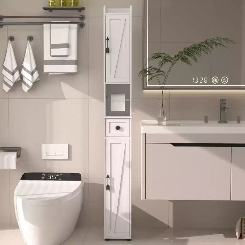 Armoire de salle de bain haute, armoire de rangement étroite et mince, tour de lin avec 2 portes et 1 tiroir, armoire au sol avec étagères réglables, blanc