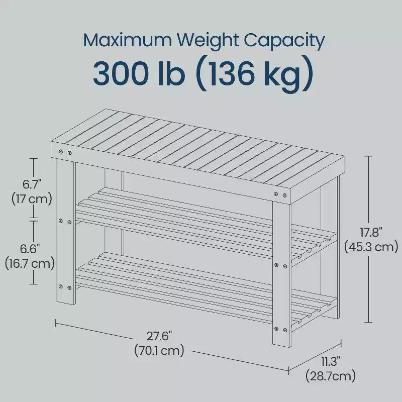 Banc à chaussures, Organisateur de rangement à chaussures à 3 niveaux en bambou, Banc d'entrée, Supporte jusqu'à 130 kg, 28,7 x 70,1 x 45,2 cm, pour entrée, salle de bain, chambre