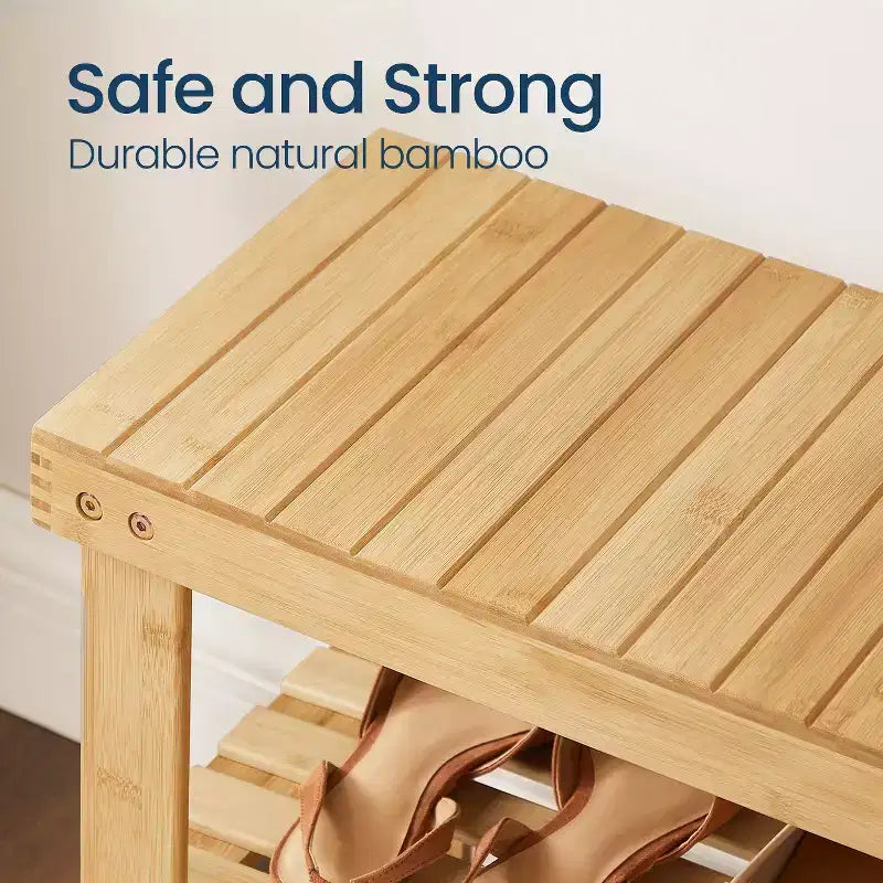 Banc à chaussures, Organisateur de rangement à chaussures à 3 niveaux en bambou, Banc d'entrée, Supporte jusqu'à 130 kg, 28,7 x 70,1 x 45,2 cm, pour entrée, salle de bain, chambre