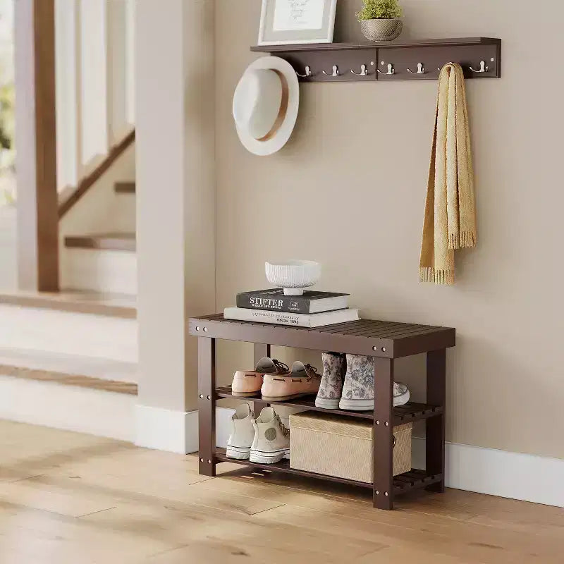 Banc à chaussures, Organisateur de rangement à chaussures à 3 niveaux en bambou, Banc d'entrée, Supporte jusqu'à 130 kg, 28,7 x 70,1 x 45,2 cm, pour entrée, salle de bain, chambre