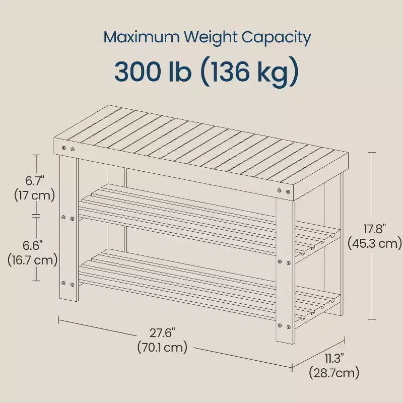 Banc à chaussures, Organisateur de rangement à chaussures à 3 niveaux en bambou, Banc d'entrée, Supporte jusqu'à 130 kg, 28,7 x 70,1 x 45,2 cm, pour entrée, salle de bain, chambre