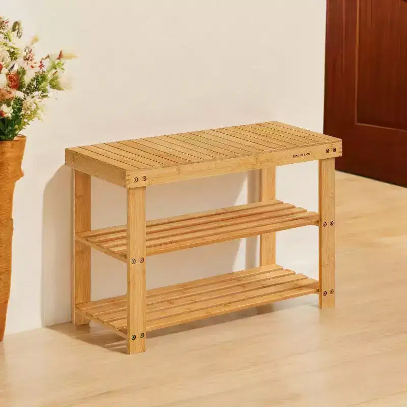 Banc à chaussures, Organisateur de rangement à chaussures à 3 niveaux en bambou, Banc d'entrée, Supporte jusqu'à 130 kg, 28,7 x 70,1 x 45,2 cm, pour entrée, salle de bain, chambre