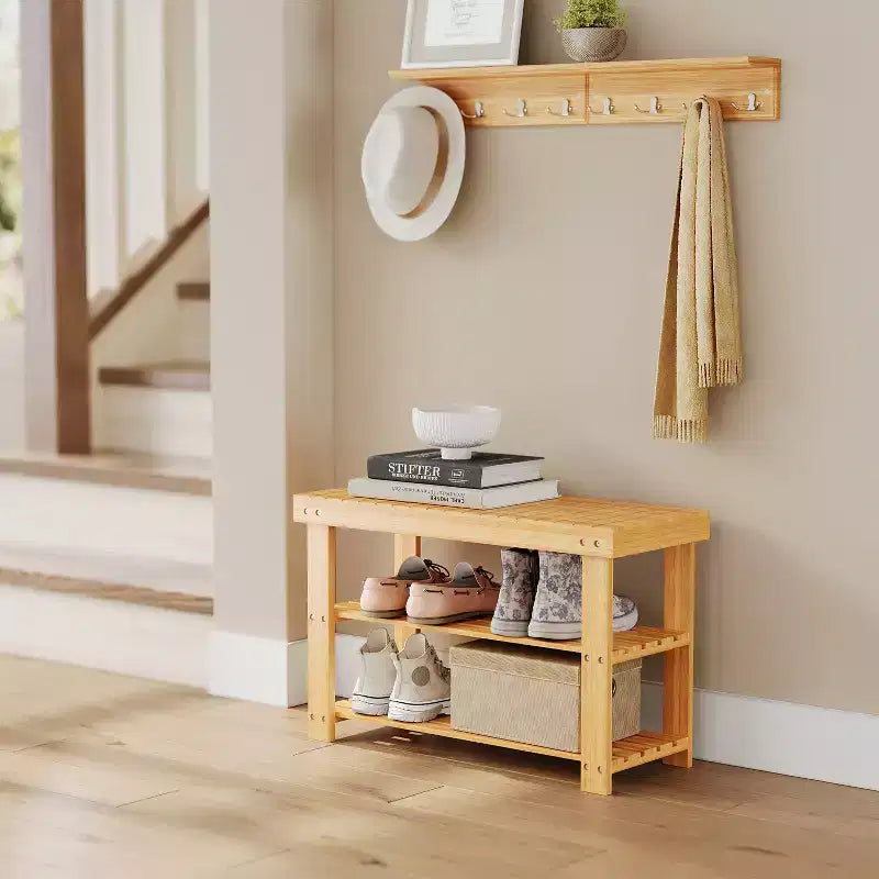 Banc à chaussures, Organisateur de rangement à chaussures à 3 niveaux en bambou, Banc d'entrée, Supporte jusqu'à 130 kg, 28,7 x 70,1 x 45,2 cm, pour entrée, salle de bain, chambre