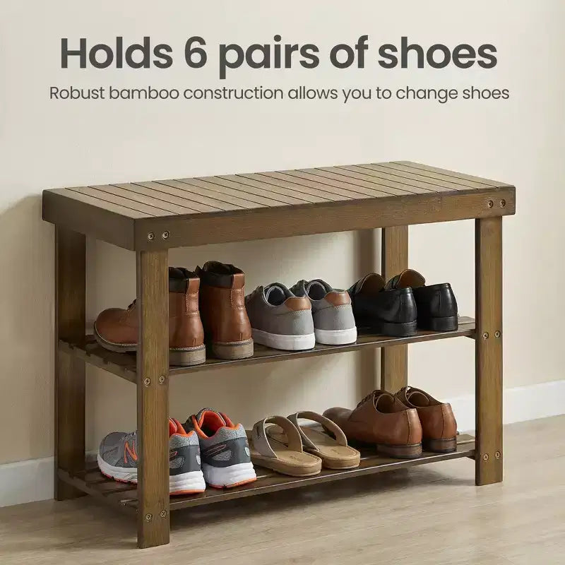 Banc à chaussures, Organisateur de rangement à chaussures à 3 niveaux en bambou, Banc d'entrée, Supporte jusqu'à 130 kg, 28,7 x 70,1 x 45,2 cm, pour entrée, salle de bain, chambre