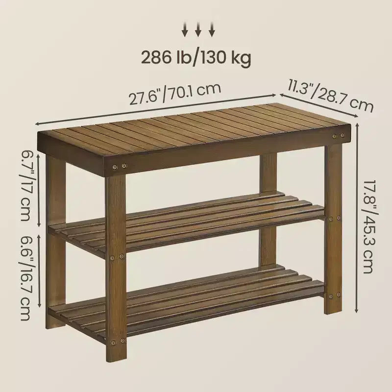 Banc à chaussures, Organisateur de rangement à chaussures à 3 niveaux en bambou, Banc d'entrée, Supporte jusqu'à 130 kg, 28,7 x 70,1 x 45,2 cm, pour entrée, salle de bain, chambre