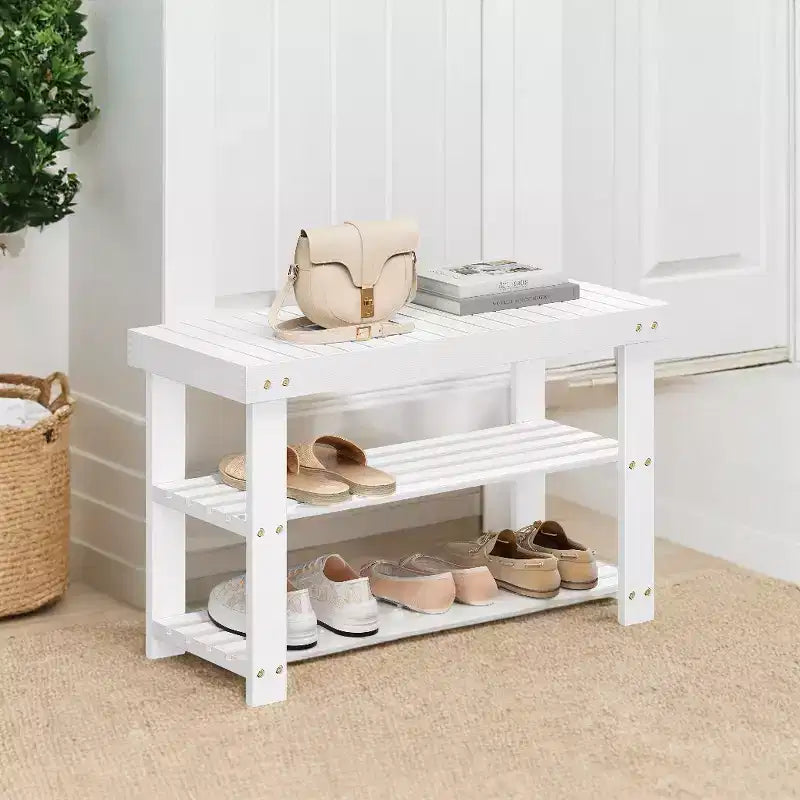 Banc à chaussures, Organisateur de rangement à chaussures à 3 niveaux en bambou, Banc d'entrée, Supporte jusqu'à 130 kg, 28,7 x 70,1 x 45,2 cm, pour entrée, salle de bain, chambre