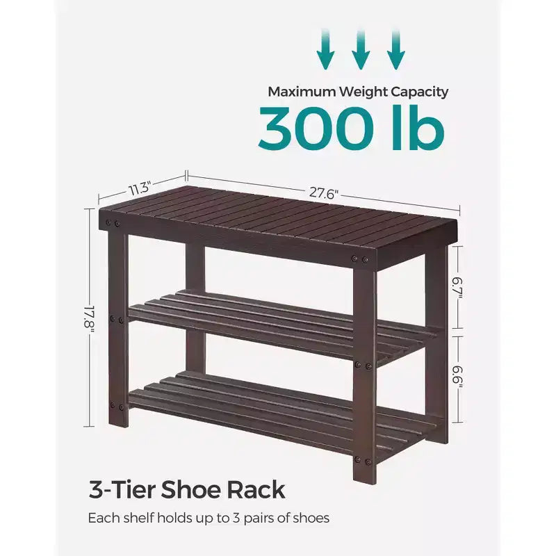 Banc à chaussures, Organisateur de rangement à chaussures à 3 niveaux en bambou, Banc d'entrée, Supporte jusqu'à 130 kg, 28,7 x 70,1 x 45,2 cm, pour entrée, salle de bain, chambre