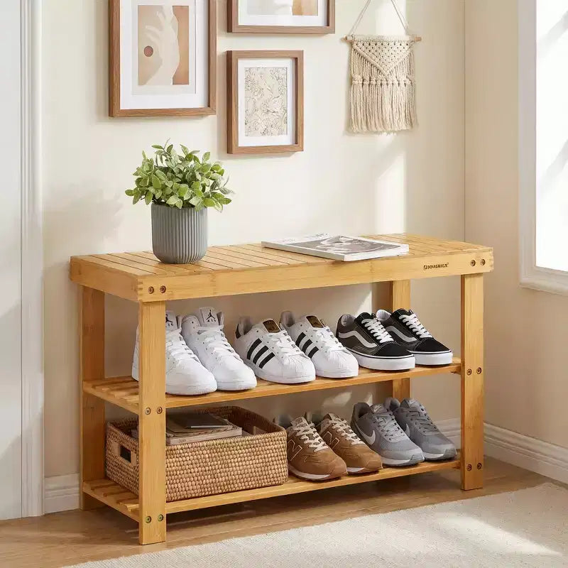 Banc à chaussures, Organisateur de rangement à chaussures à 3 niveaux en bambou, Banc d'entrée, Supporte jusqu'à 130 kg, 28,7 x 70,1 x 45,2 cm, pour entrée, salle de bain, chambre
