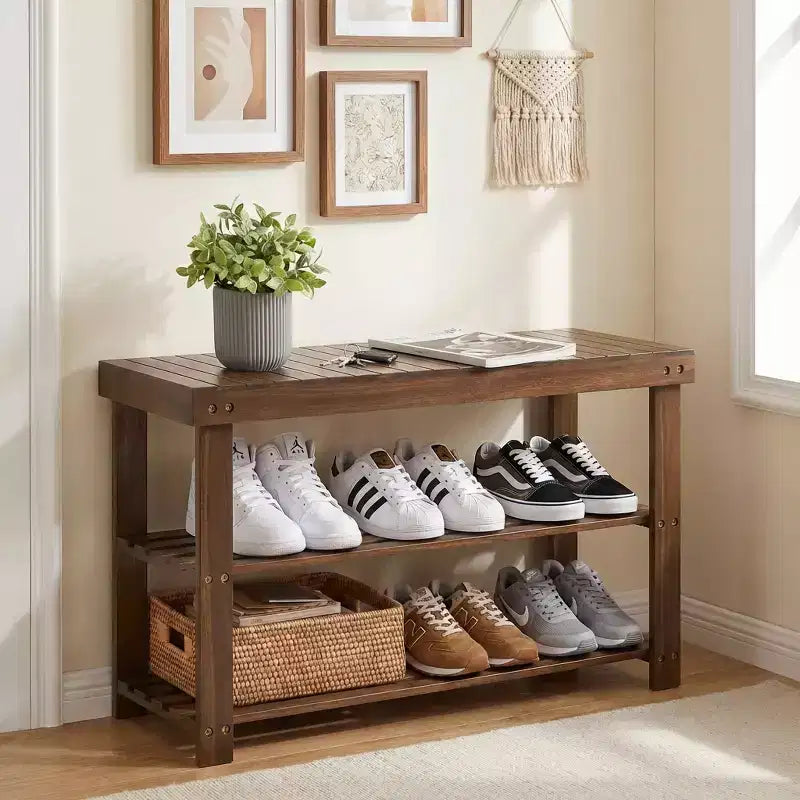 Banc à chaussures, Organisateur de rangement à chaussures à 3 niveaux en bambou, Banc d'entrée, Supporte jusqu'à 130 kg, 28,7 x 70,1 x 45,2 cm, pour entrée, salle de bain, chambre