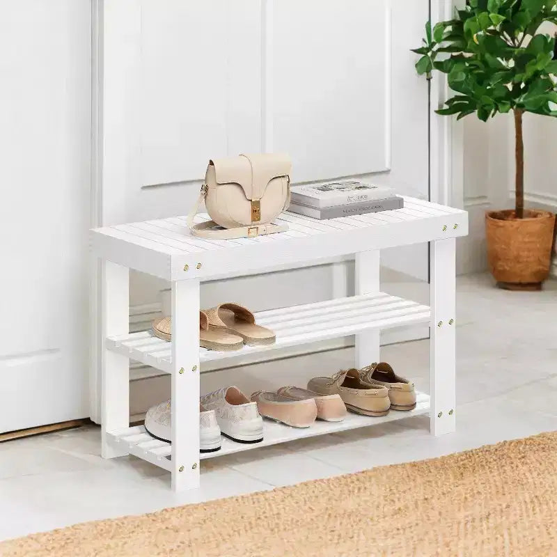 Banc à chaussures, Organisateur de rangement à chaussures à 3 niveaux en bambou, Banc d'entrée, Supporte jusqu'à 130 kg, 28,7 x 70,1 x 45,2 cm, pour entrée, salle de bain, chambre