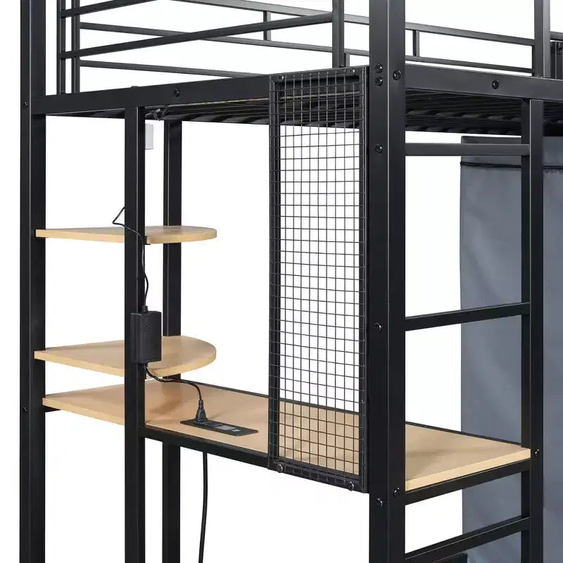Lit mezzanine double/grand format en métal avec bureau, étagères, prise de courant, lumière LED et armoire, noir/blanc-