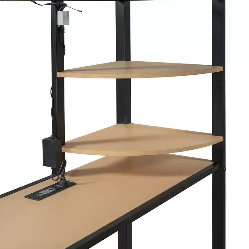 Lit mezzanine double/grand format en métal avec bureau, étagères, prise de courant, lumière LED et armoire, noir/blanc-