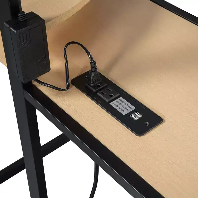 Lit mezzanine double/grand format en métal avec bureau, étagères, prise de courant, lumière LED et armoire, noir/blanc-