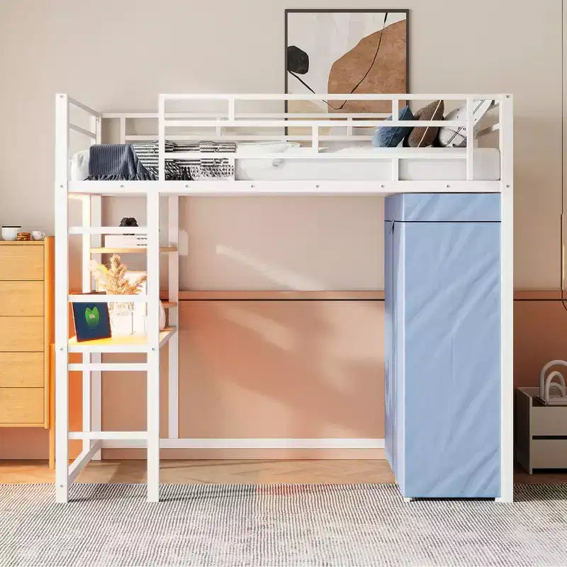 Lit mezzanine double/grand format en métal avec bureau, étagères, prise de courant, lumière LED et armoire, noir/blanc-