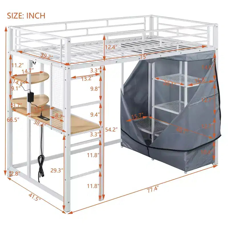 Lit mezzanine double/grand format en métal avec bureau, étagères, prise de courant, lumière LED et armoire, noir/blanc-