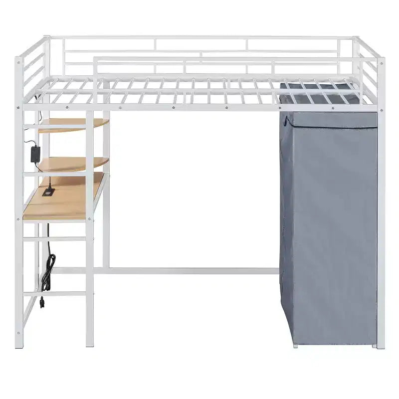 Lit mezzanine double/grand format en métal avec bureau, étagères, prise de courant, lumière LED et armoire, noir/blanc-