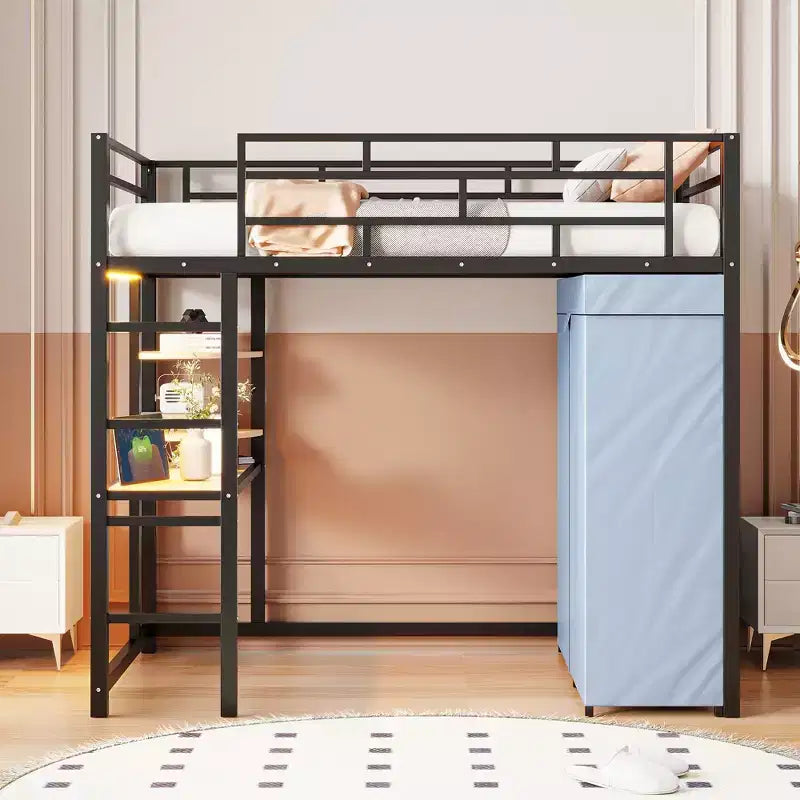 Lit mezzanine double/grand format en métal avec bureau, étagères, prise de courant, lumière LED et armoire, noir/blanc-