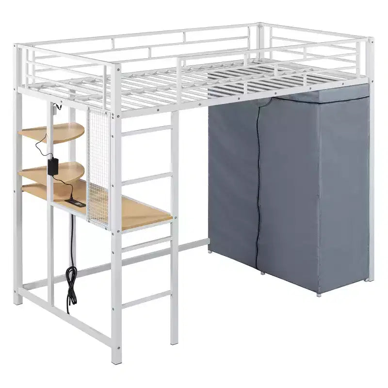 Lit mezzanine double/grand format en métal avec bureau, étagères, prise de courant, lumière LED et armoire, noir/blanc-