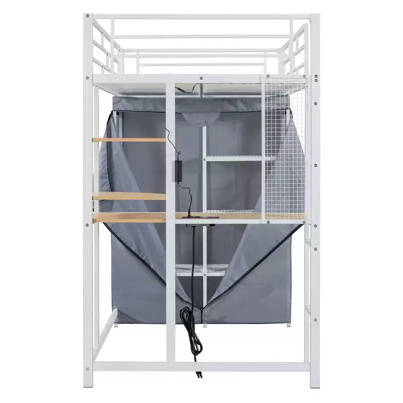Lit mezzanine double/grand format en métal avec bureau, étagères, prise de courant, lumière LED et armoire, noir/blanc-