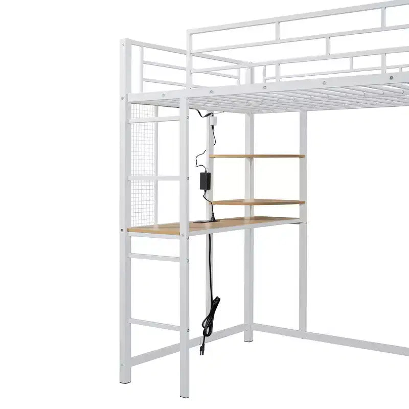 Lit mezzanine double/grand format en métal avec bureau, étagères, prise de courant, lumière LED et armoire, noir/blanc-