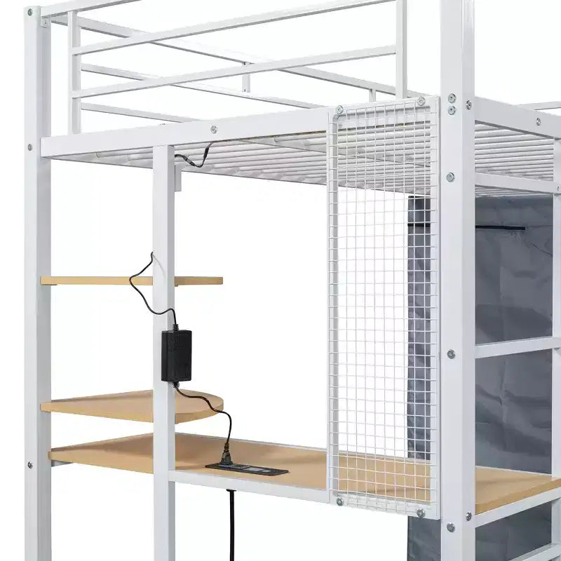 Lit mezzanine double/grand format en métal avec bureau, étagères, prise de courant, lumière LED et armoire, noir/blanc-