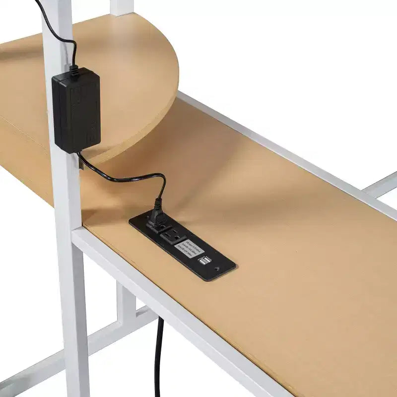Lit mezzanine double/grand format en métal avec bureau, étagères, prise de courant, lumière LED et armoire, noir/blanc-