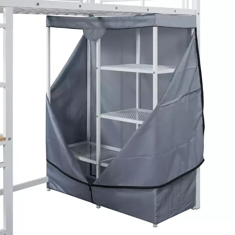 Lit mezzanine double/grand format en métal avec bureau, étagères, prise de courant, lumière LED et armoire, noir/blanc-