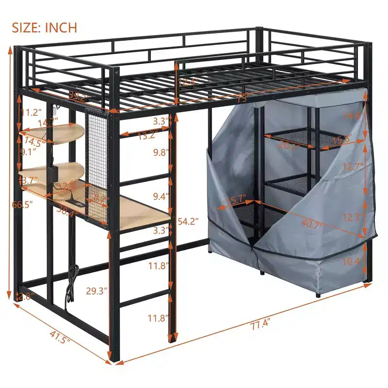 Lit mezzanine double/grand format en métal avec bureau, étagères, prise de courant, lumière LED et armoire, noir/blanc-