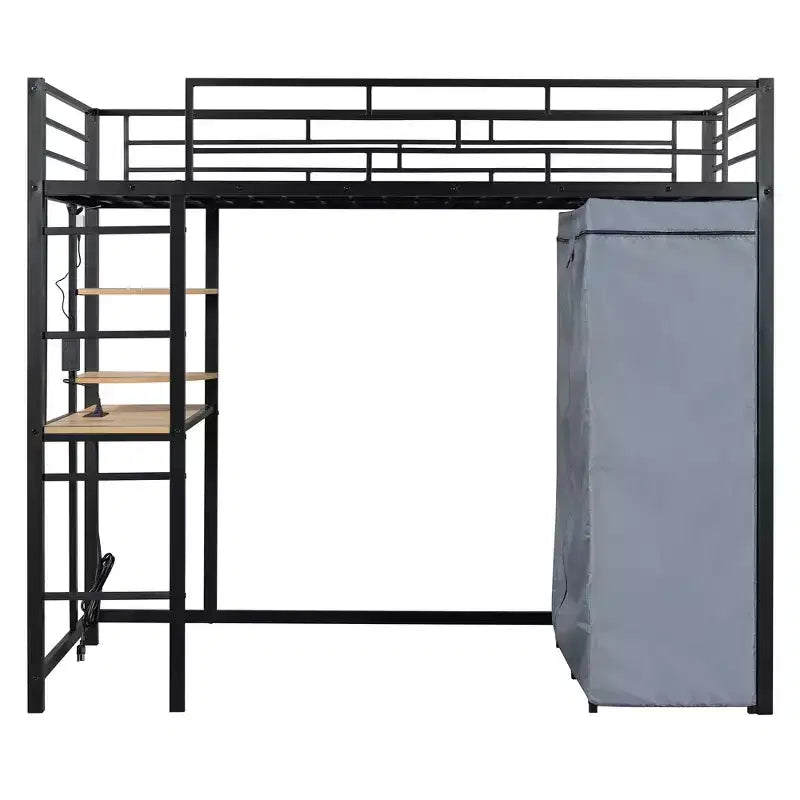 Lit mezzanine double/grand format en métal avec bureau, étagères, prise de courant, lumière LED et armoire, noir/blanc-