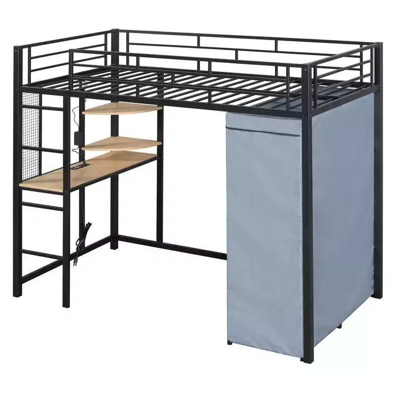 Lit mezzanine double/grand format en métal avec bureau, étagères, prise de courant, lumière LED et armoire, noir/blanc-