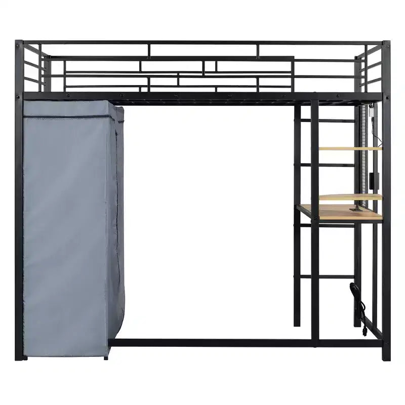 Lit mezzanine double/grand format en métal avec bureau, étagères, prise de courant, lumière LED et armoire, noir/blanc-