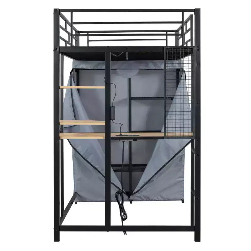 Lit mezzanine double/grand format en métal avec bureau, étagères, prise de courant, lumière LED et armoire, noir/blanc-