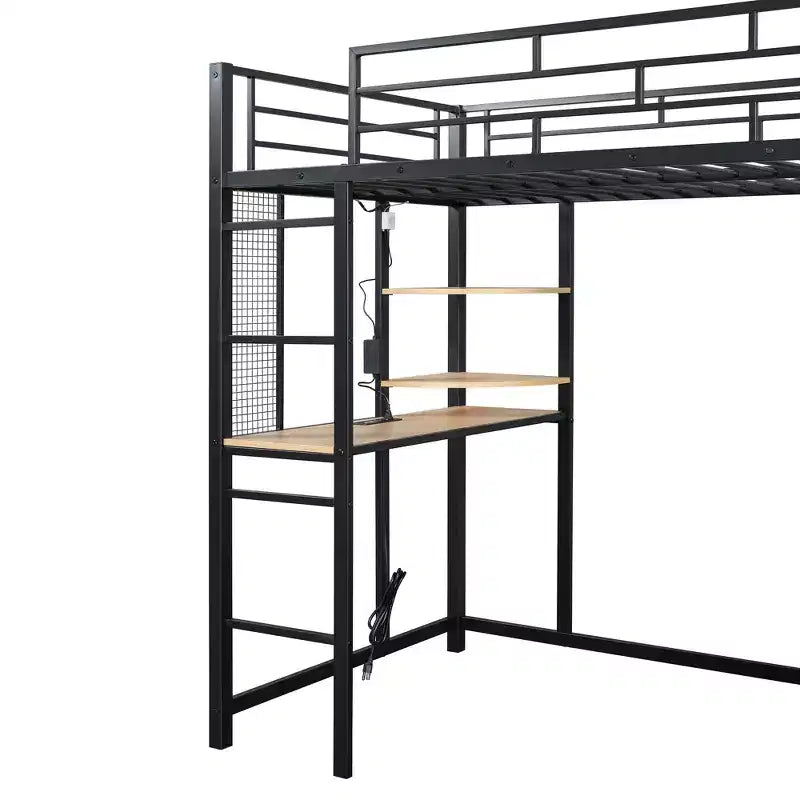 Lit mezzanine double/grand format en métal avec bureau, étagères, prise de courant, lumière LED et armoire, noir/blanc-